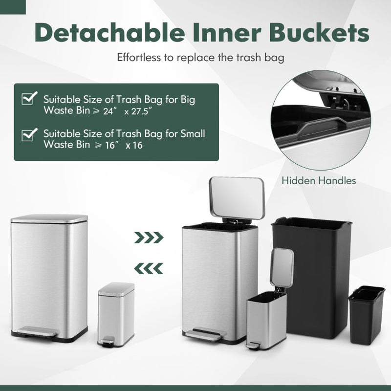 10.5 Gal and 1.6 Gal Step Trash Can Combo Set with Detachable Inner Buckets