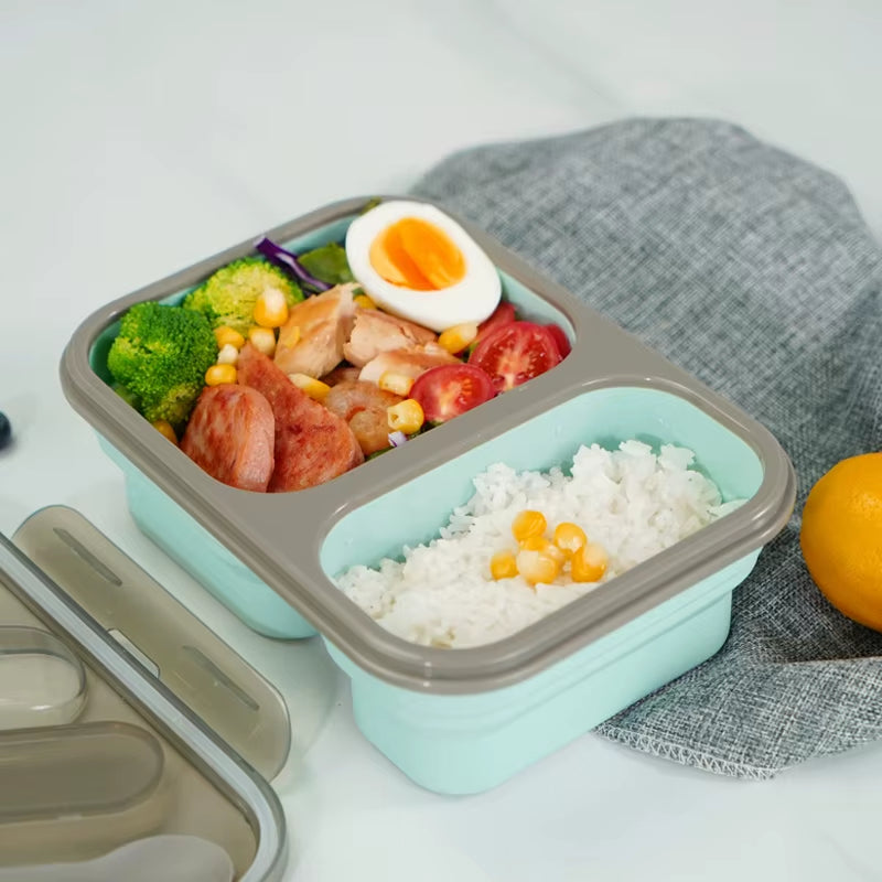 1Pc 700ML+400ML Folding Dividers Silicone Lunch Box Dishwasher Safe Silicone Food Storage Containers Bowl with Lids for Kitchen