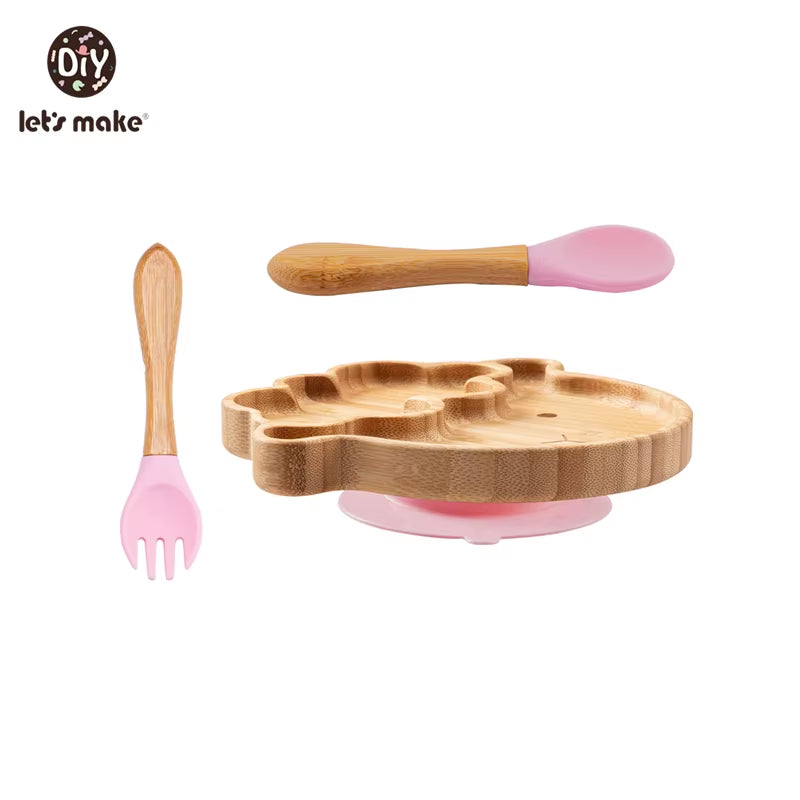 Let'S Make Baby Dinner Plates Set Wooden Cartoon Dinner Plate Fork Spoon Children Feeding Plate Safe Edible Silicone Product