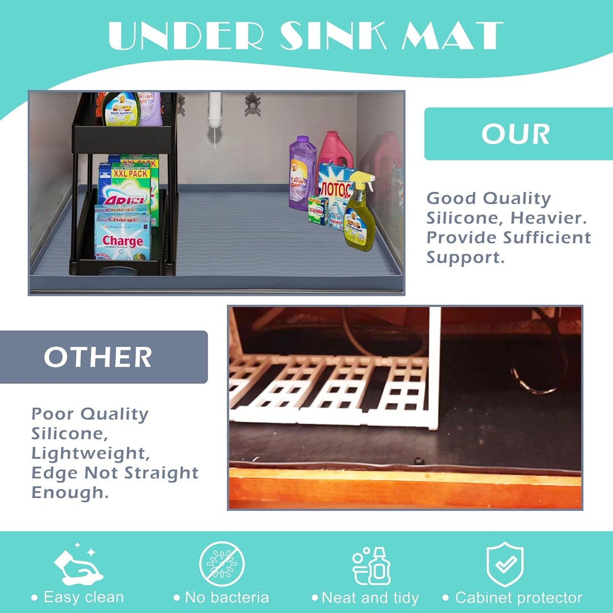 Waterproof Silicone under Sink Mat 55 W X 78 L Cm Shelf Liner for Kitchen and Bathroom, Cabinet and Counter Protector, Storage & Organizers, Litter Mat (Dark Grey)