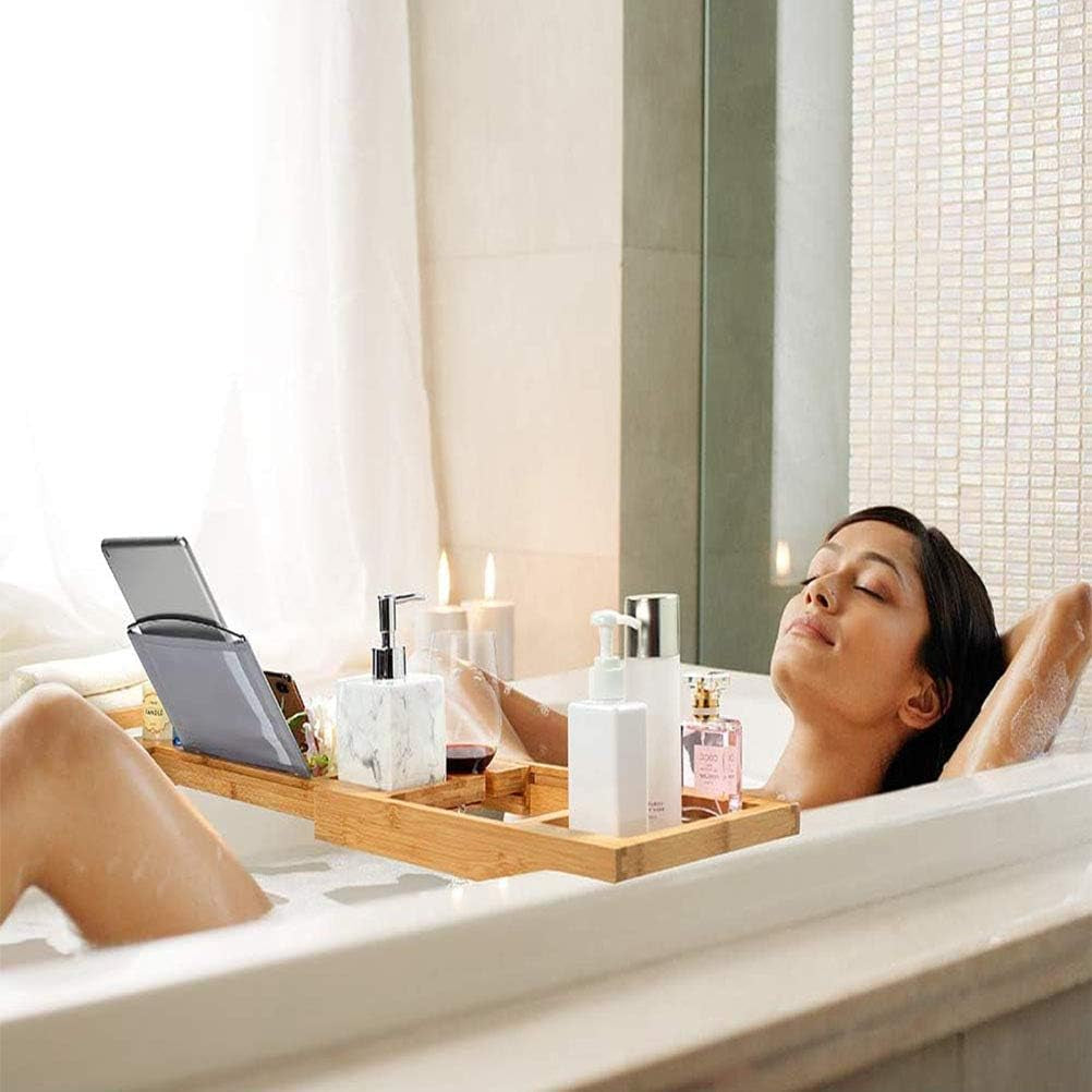 Bamboo Bathtub Caddy Tray, Bath Tub Tray with 12-In-1 Features Adjustable Bathtub Table, Non-Slip and Holds Books/Tablets/Cell Phone/Towels/Foods/Wineglass/Soap Dish (Single Box)
