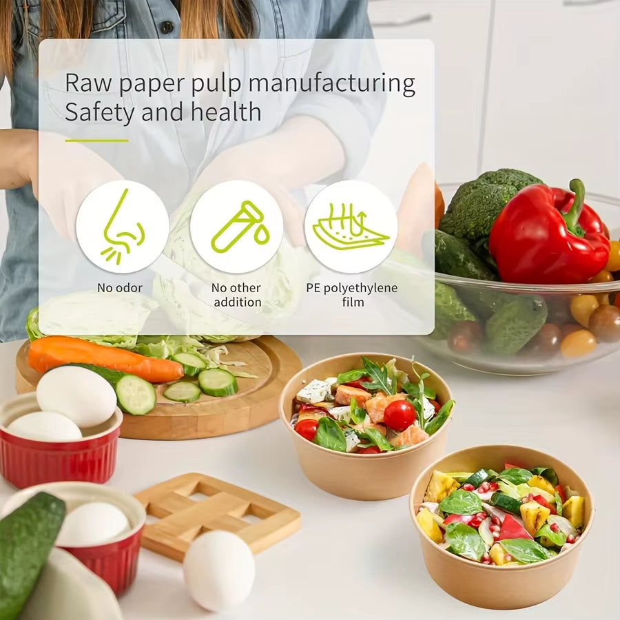 25Pcs/Set Disposable Kraft Paper Bowls with Lids for Soup Salad Noodles Takeaway Lunch Boxes Set Eco-Friendly Food Packaging Box