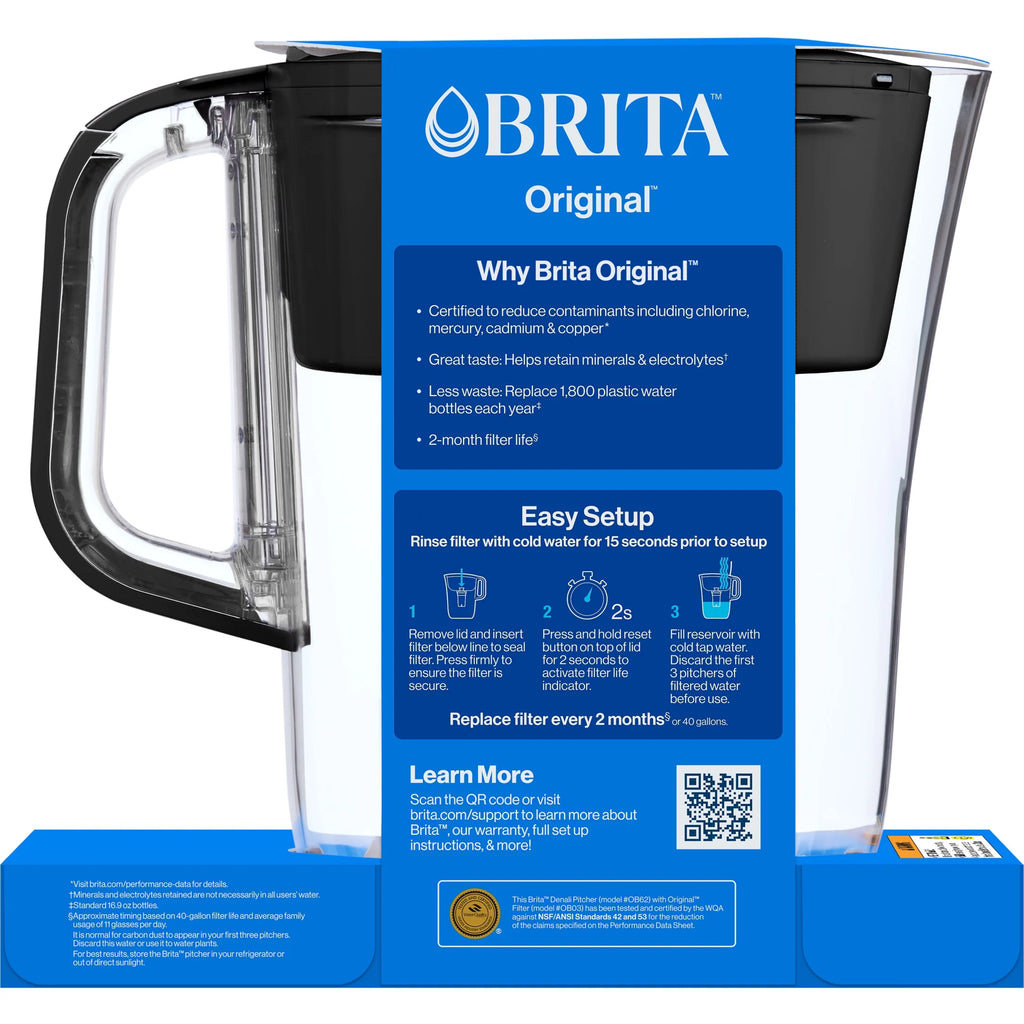 Small 6 Cup Black Denali Water Filter Pitcher with 1  Standard Filter