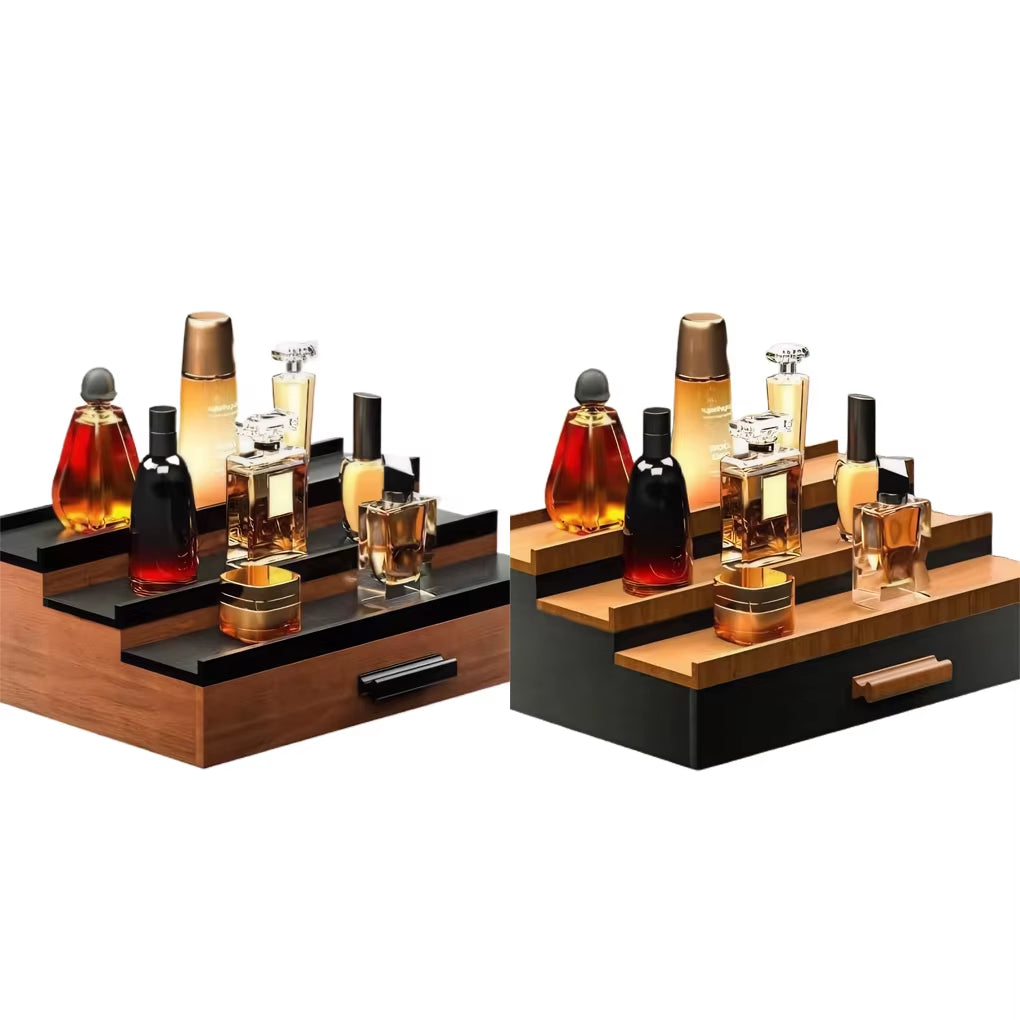 Storage Organizer Elegant Wooden Perfume Display Stand with Drawer Storage Capacity Desktop Organizer for Fragrances