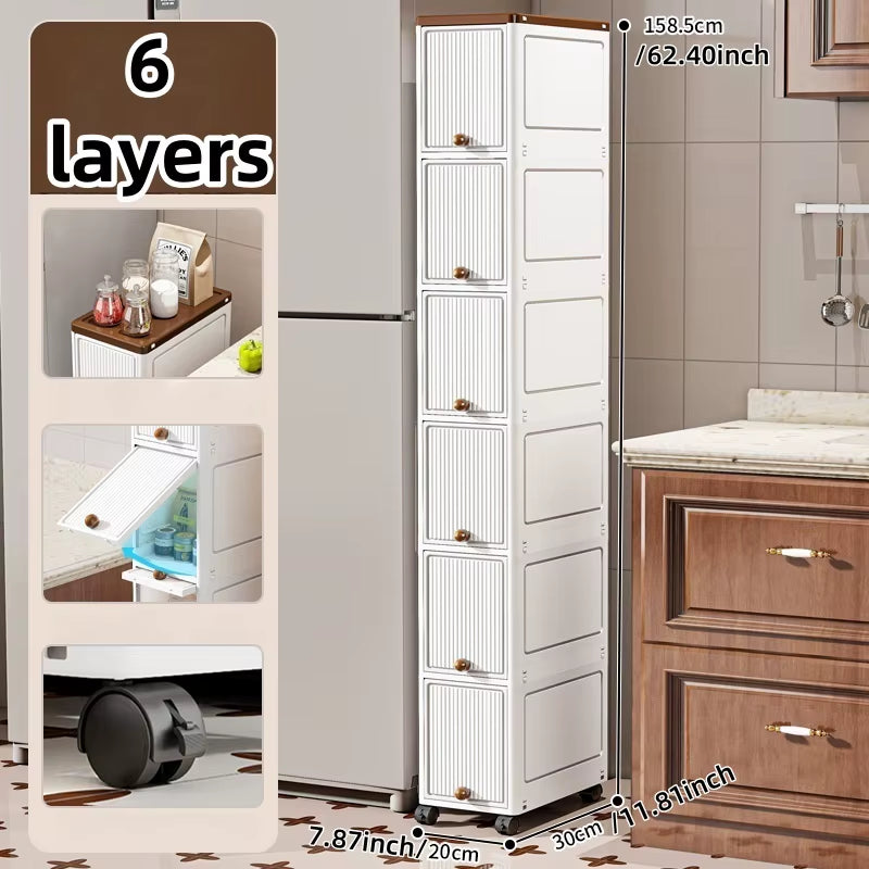 20Cm-Flip Lid Slit Storage Cabinet, Kitchen Slit Shelf, Bathroom Multi-Layer Plastic Snack Cabinet, Narrow-Edge Storage Cabinet