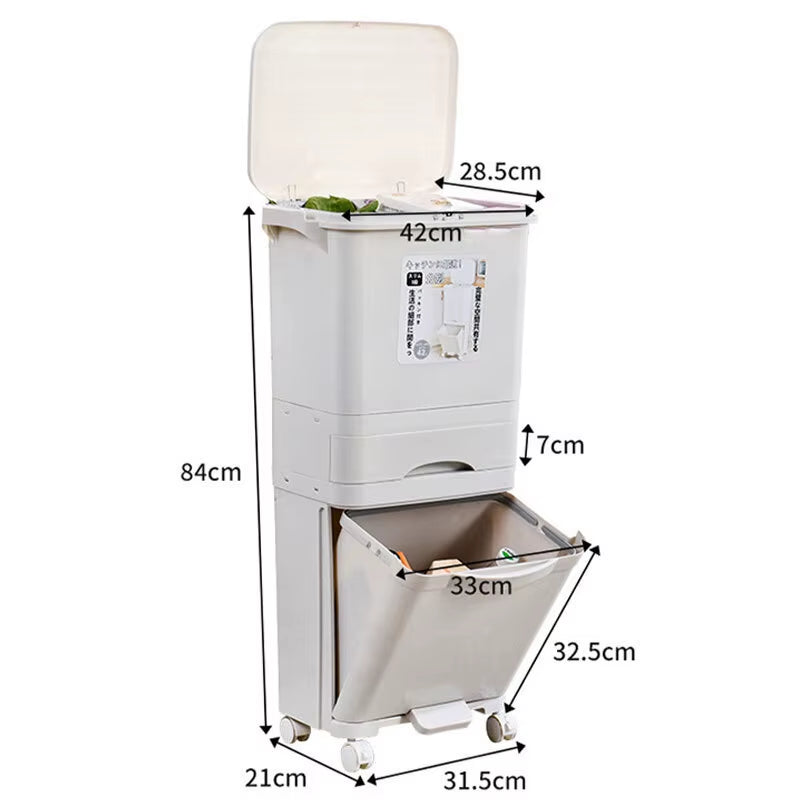 Kitchen Double Partition Trash Can Multifunctional Household Garbage Can with Lid 42L Simple Movable Dry and Wet Separation Bin