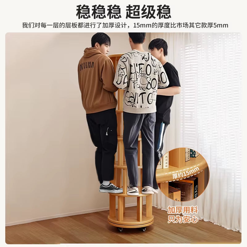 Solid Wood Rotating Bookshelf 360 Degree Floor-Standing Bookcase Storage Rack Movable Corner Children'S Small Narrow Cabinet