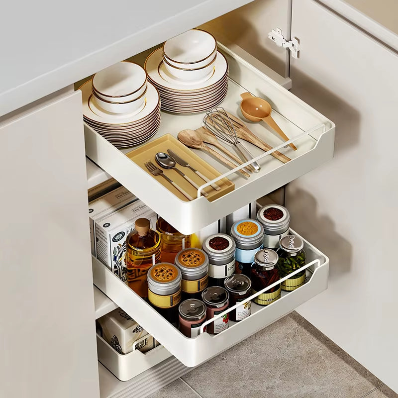 New Kitchen Storage Rack with Slide Rails Pull-Out Kitchen Drawer Type Storage Tray Spice Box Storage Rack Cabinets Organizer