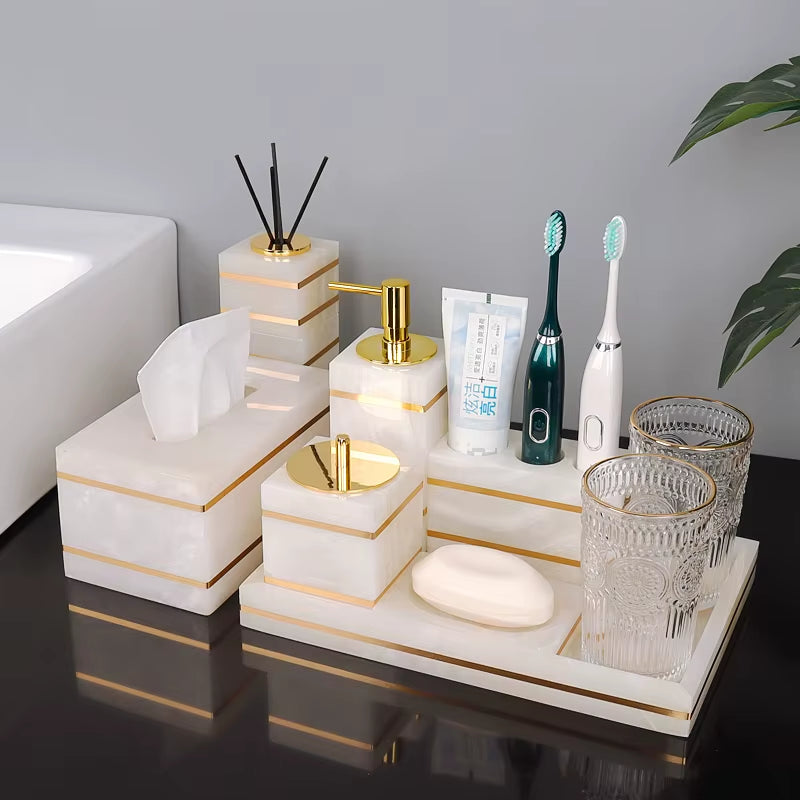 White Onyx Natural Marble Bathroom Accessories Set Gold Luxury Soap Dispenser Soap Dish Tray Toothbrush Holder Bathroom Set