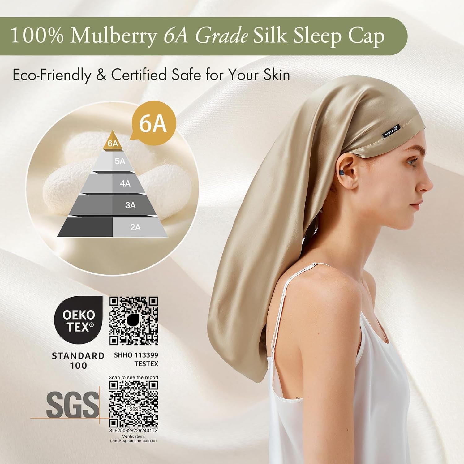 Mulberry Silk Sleep Cap 100% 19 Momme Long Silk Bonnet for Curly Hair, Night Cap for Sleeping, Silk Hair Wrap for Women Coffee