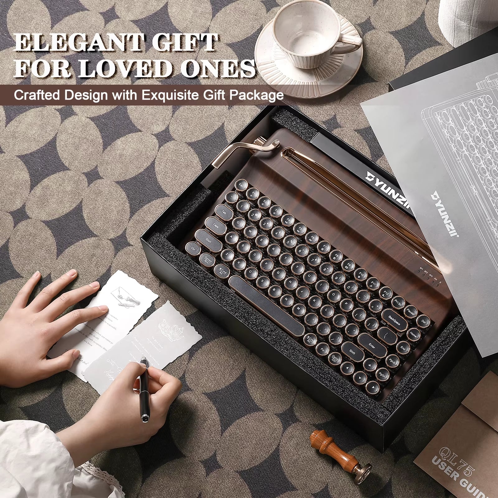 QL75 Wood QMK/VIA Mechanical Keyboard, Retro Style RGB Wireless Mechanical Keyboard, Mac/Win Customizable, Gift Box Pack