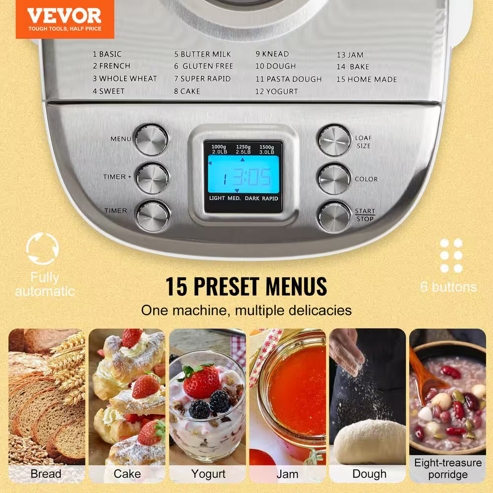 Bread Maker, 15-In-1 3 Lbs. Dough Machine, Nonstick Ceramic Pan Automatic Breadmaker with Gluten Free Setting White