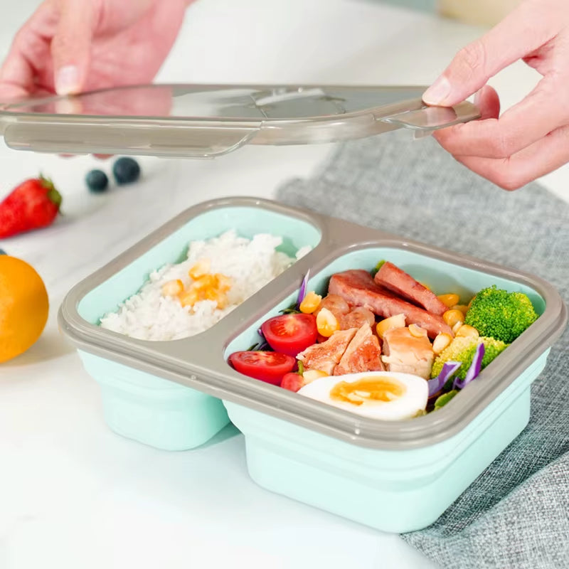 1Pc 700ML+400ML Folding Dividers Silicone Lunch Box Dishwasher Safe Silicone Food Storage Containers Bowl with Lids for Kitchen