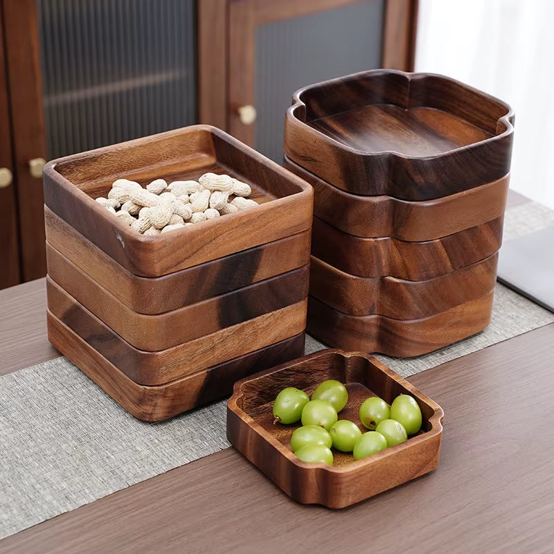 Natural Wooden Fruit Tray with Serving Plate for Kitchen Room Dining Table - Black Walnut Snack Bowl for Nuts Candy Dessert