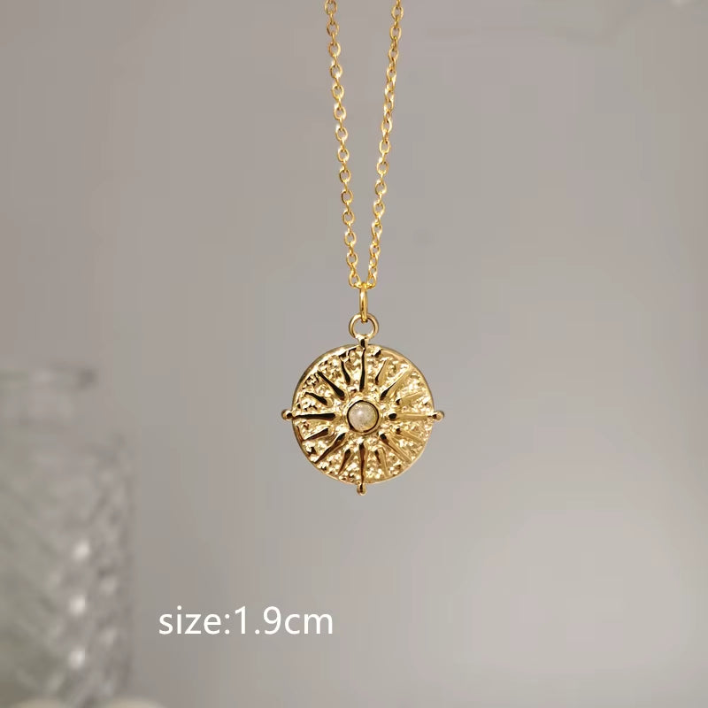 2022 New Gray Enamel round Star Sun Charm Natural Stones Pendants Necklace Stainless Steel Clavicle Chain Jewelry
