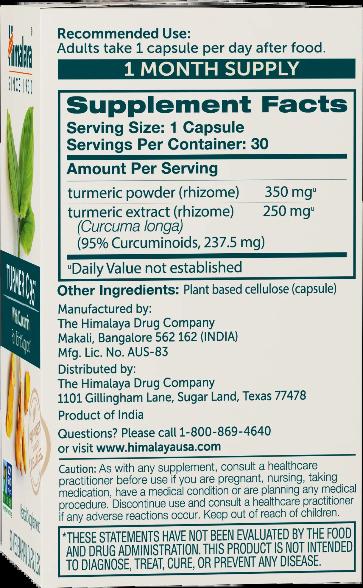 Turmeric 95 Supplement with Curcumin/Curcuminoids, Joint and Muscle Support, Flexibility, 30 Capsules