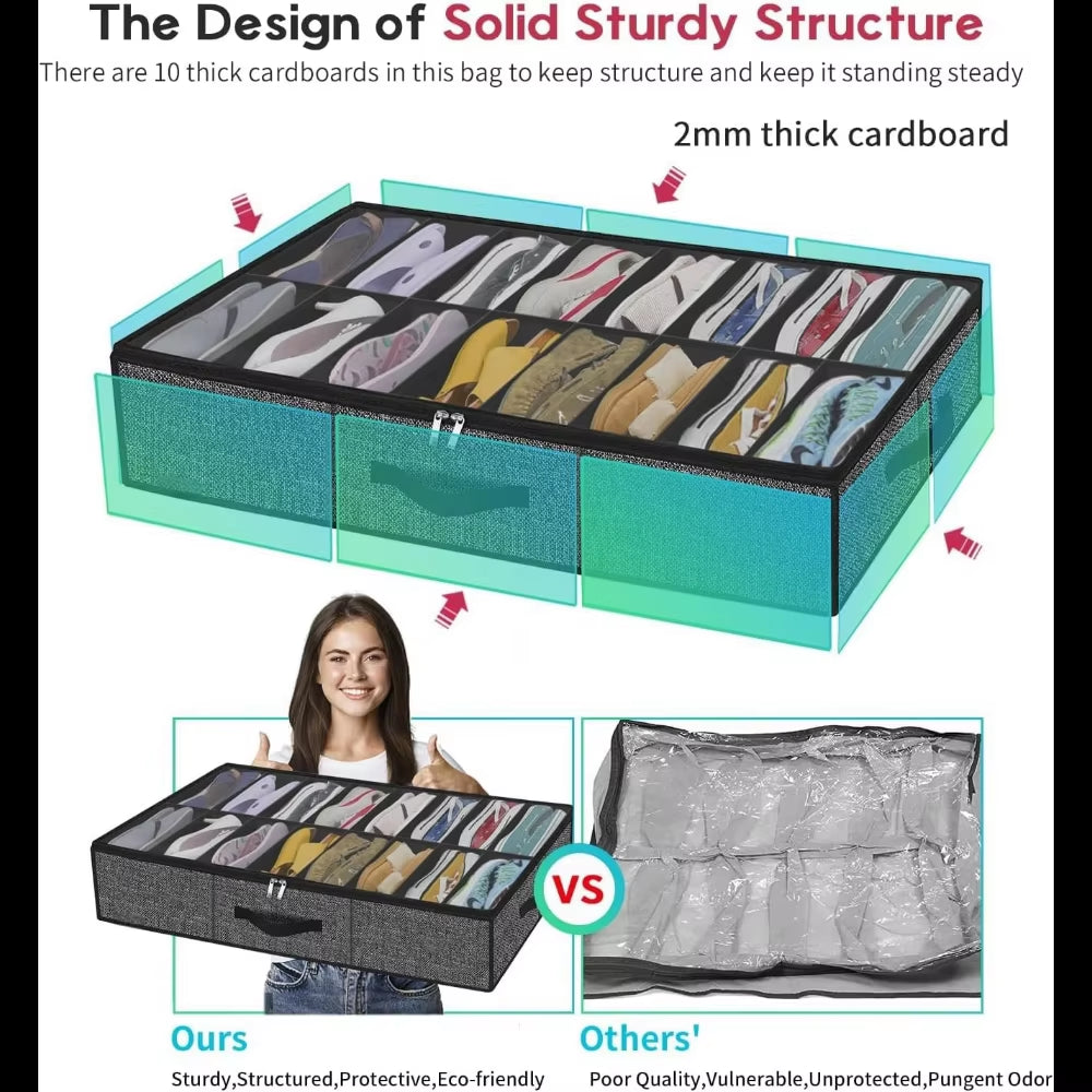 Shoe Storage Organizer Box for under Bed, Fit 12 Pairs, Collapsible Closet Underbed Shoes Container Bags with Reinforced Handles