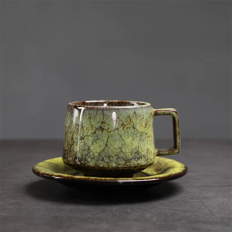 180ML Japanese Espresso Cup and Dish Kiln Transformed Ceramic Cup Retro Coarse Ceramic Mug Living Room Decoration