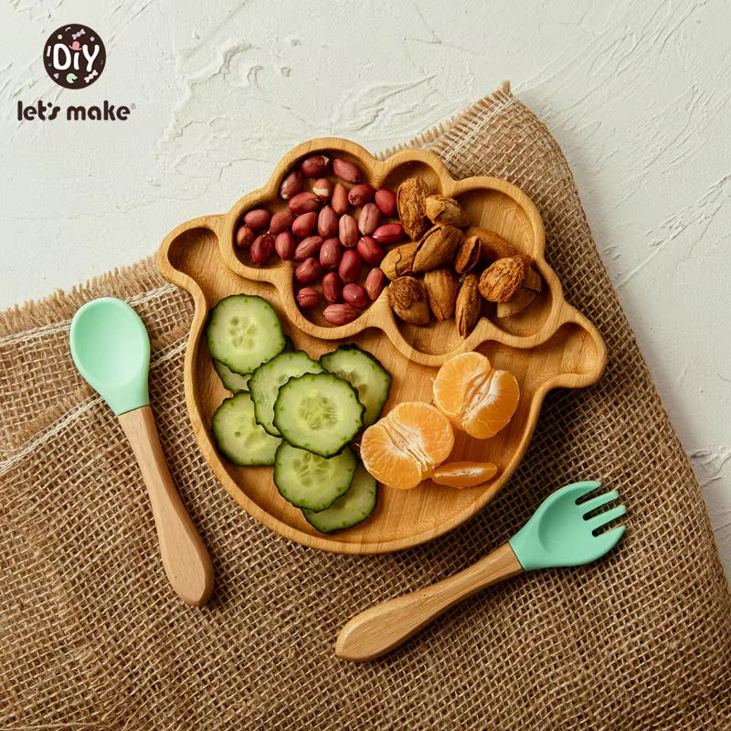 Let'S Make Baby Dinner Plates Set Wooden Cartoon Dinner Plate Fork Spoon Children Feeding Plate Safe Edible Silicone Product