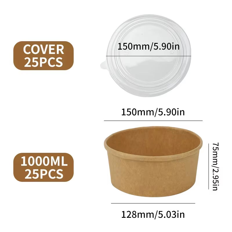 25Pcs/Set Disposable Kraft Paper Bowls with Lids for Soup Salad Noodles Takeaway Lunch Boxes Set Eco-Friendly Food Packaging Box