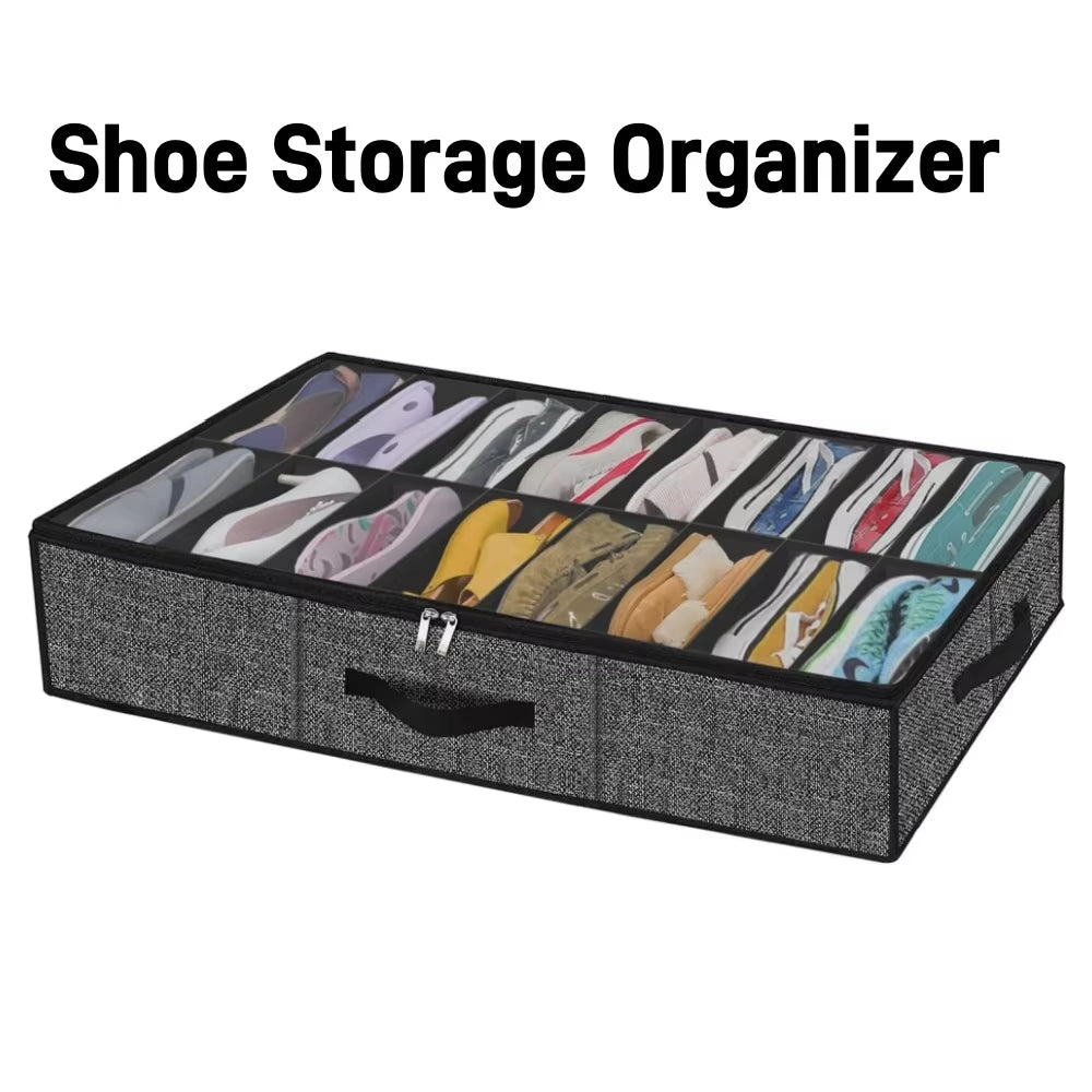 Shoe Storage Organizer Box for under Bed, Fit 12 Pairs, Collapsible Closet Underbed Shoes Container Bags with Reinforced Handles