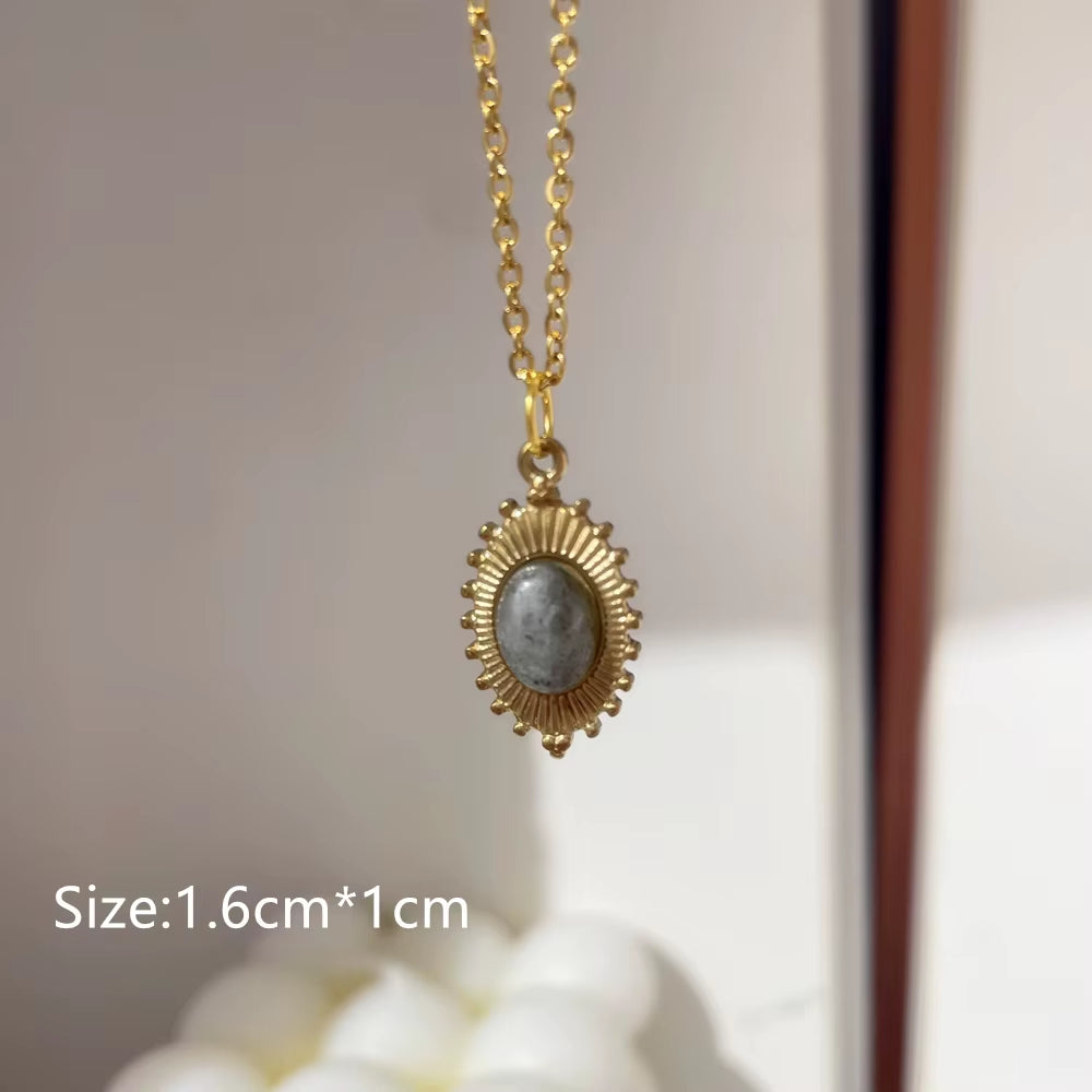 2022 New Gray Enamel round Star Sun Charm Natural Stones Pendants Necklace Stainless Steel Clavicle Chain Jewelry