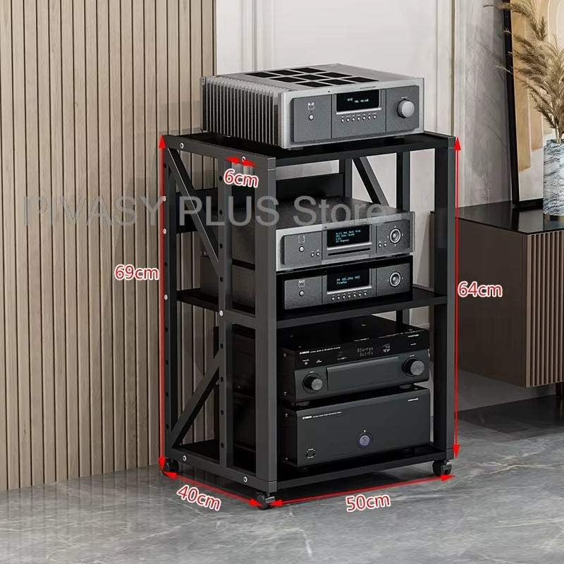 Adjustable 2-5 Tier Audio Rack Steel Frame Media Console E1 Panels Amplifiers Bracket with Wheels for Amp Home Theather Storage