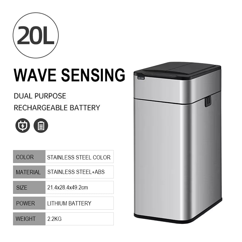Smart Trash Can 20L Kitchen Two-Way Sensor Dustbin Wastebasket Automatic Bagging Trash Bin Stainless Home Rectangular Waste Bin