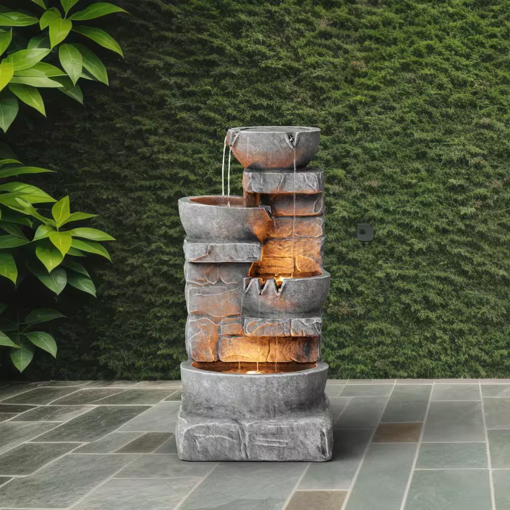 Outdoor Zen Garden 33 In. Stone-Texture Polyresin Cascading Waterfall Fountain with LED Lights