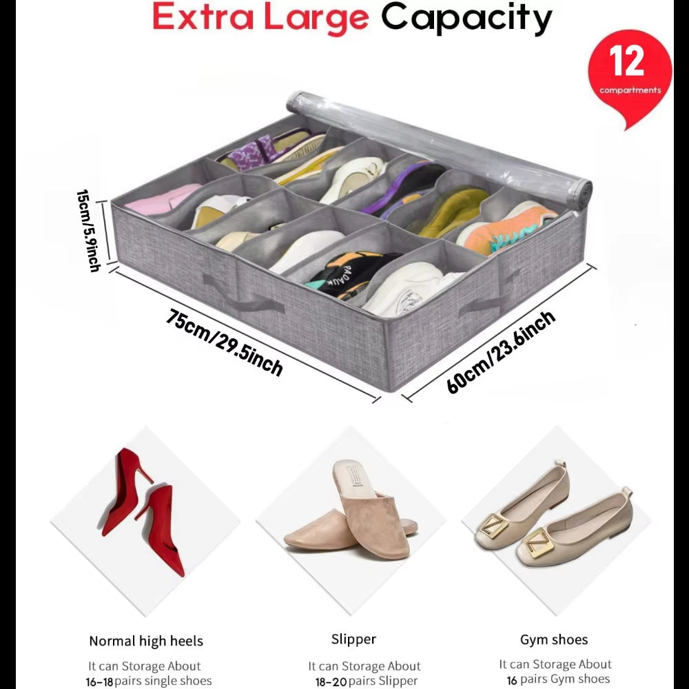 Shoe Storage Organizer Box for under Bed, Fit 12 Pairs, Collapsible Closet Underbed Shoes Container Bags with Reinforced Handles