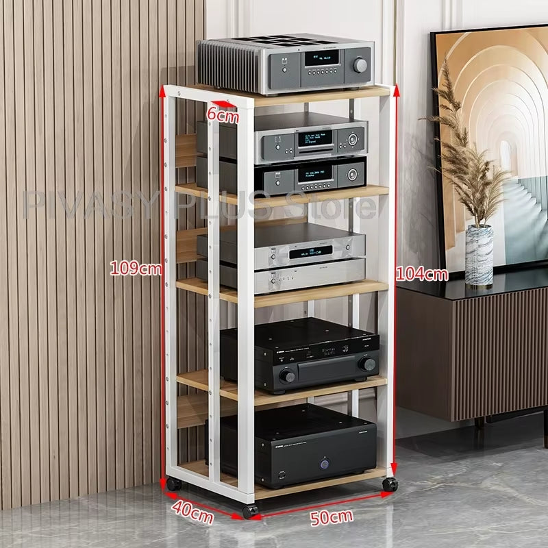Adjustable 2-5 Tier Audio Rack Steel Frame Media Console E1 Panels Amplifiers Bracket with Wheels for Amp Home Theather Storage