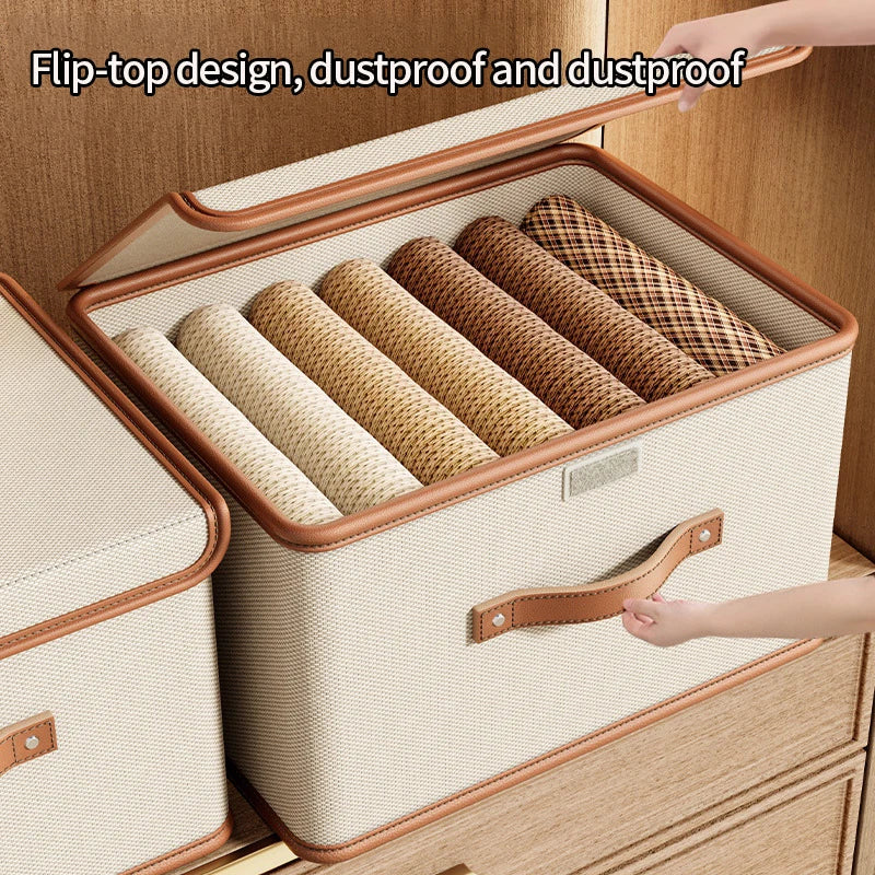 Cube Bins Boxes with Lids, Foldable Clothing Storage Box PU Leather Handles Decorative Home Cubes Closet Organizer Container