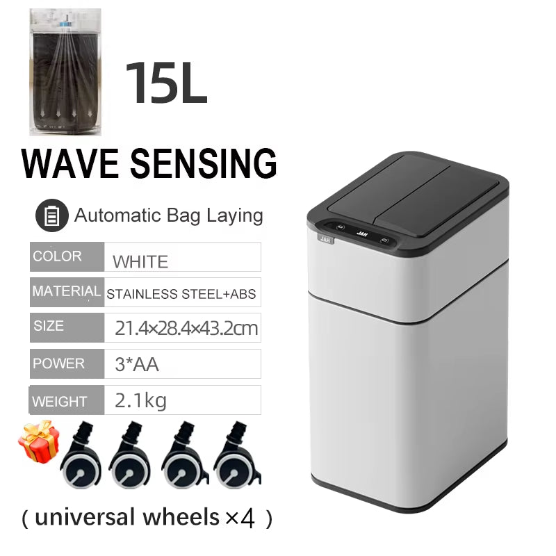 Smart Trash Can 20L Kitchen Two-Way Sensor Dustbin Wastebasket Automatic Bagging Trash Bin Stainless Home Rectangular Waste Bin