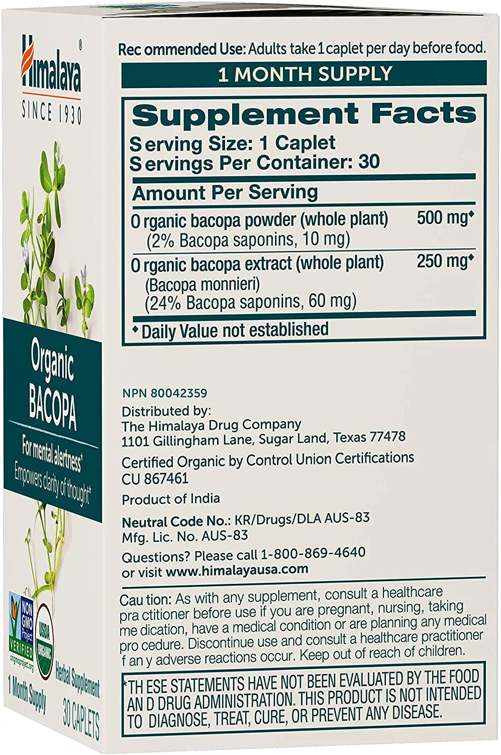 Organic Bacopa Monnieri Nootropic Herbal Supplement, Mental Alertness, Memory, Cognition, 30 Caplets