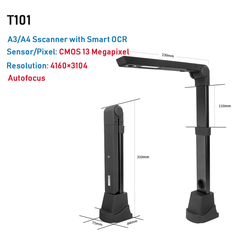 Book Scanner T101 Autofocus Document Scanner Max A4 A3 Size with Smart OCR Led Table Desk Lamp for Family Home Office