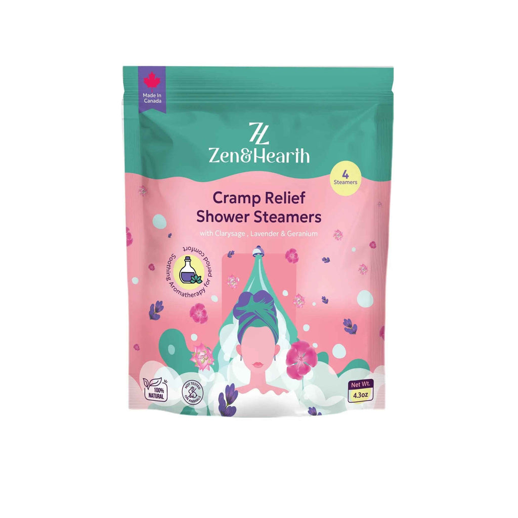 Zen & Hearth Cramp Relief Shower Steamers - Handcrafted Aromatherapy Tablets with Clary Sage, Lavender & Geranium for Period Pain Relief & Relaxation Made in Canada