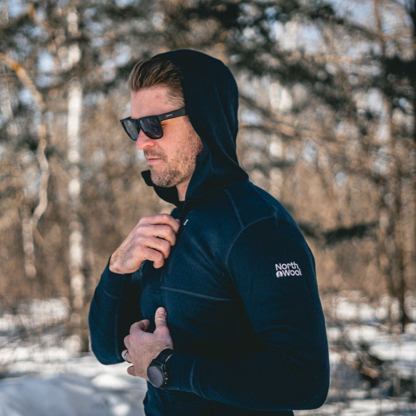 NorthWool Men's Merino Wool 1/4 Zip Midlayer Hoodie with Pouch and Pocket 260 GSM