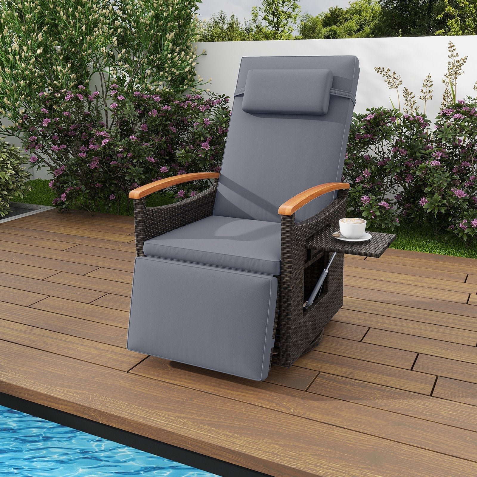 Patio Rattan 360° Swivel Recliner Chair with Adjustable Backrest and Footrest-Beige