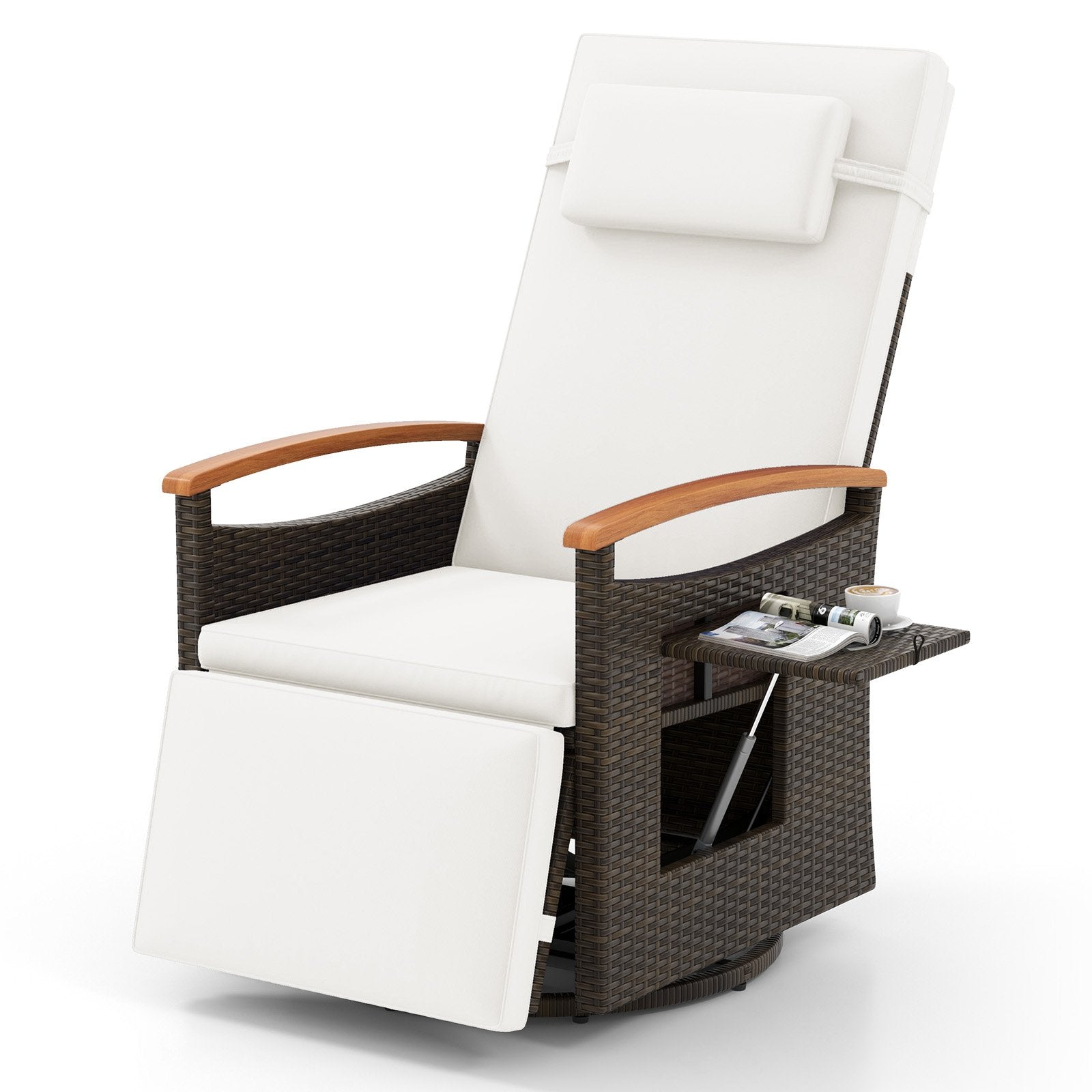 Patio Rattan 360° Swivel Recliner Chair with Adjustable Backrest and Footrest-Beige