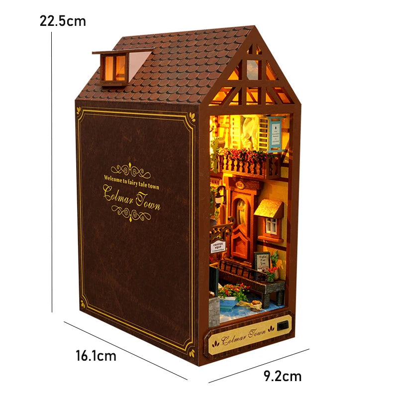 Bookshelf Set DIY Book Nook Kit 3D Wooden Doll House Puzzle Bookshelf Insert Decor with LED Light Dollhouse Model Birthday Gifts