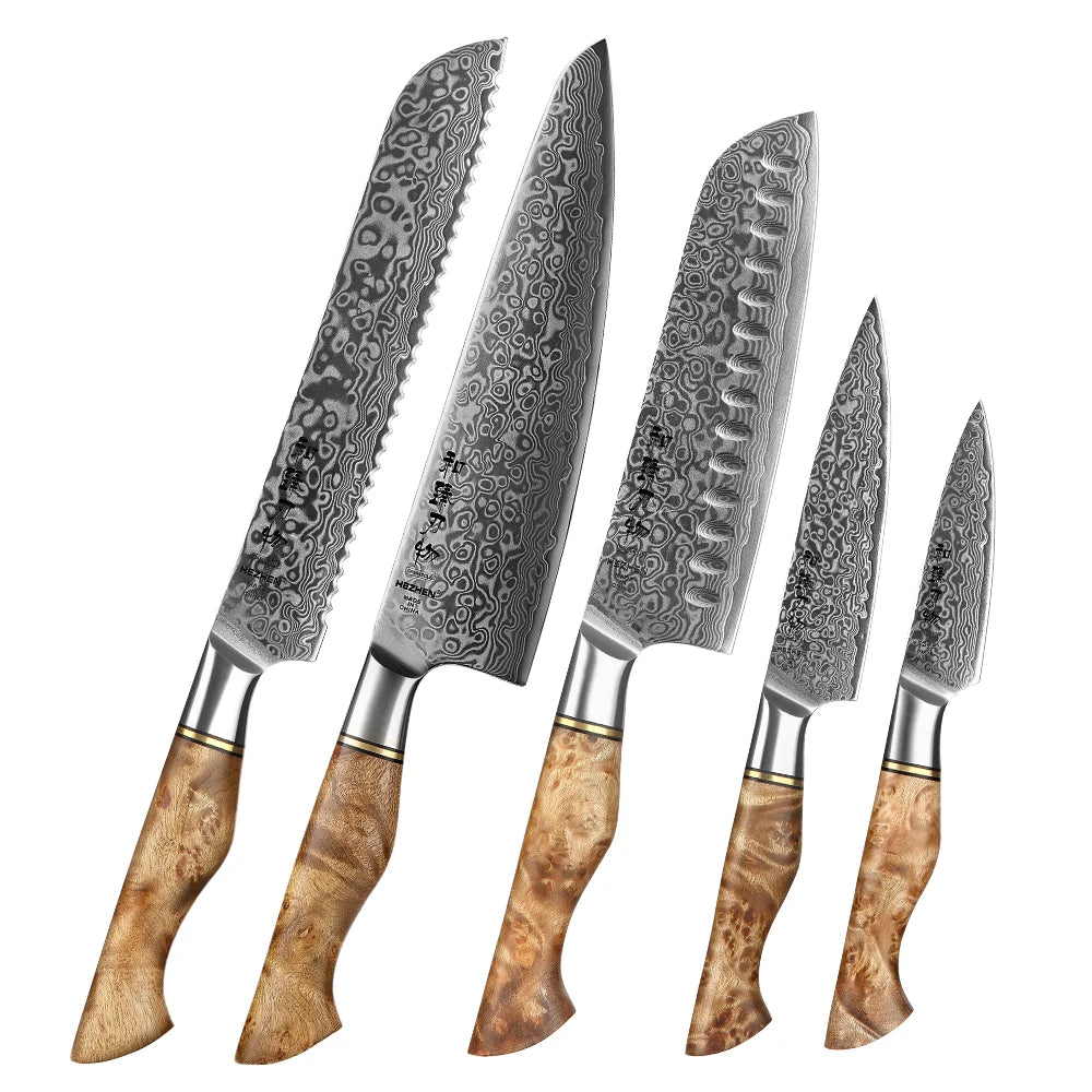 1-5PC Knife Set Professional Damascus Steel Chef Santoku Bread Utility Paring Cook Knife for Meat Sharp Kitchen Knife