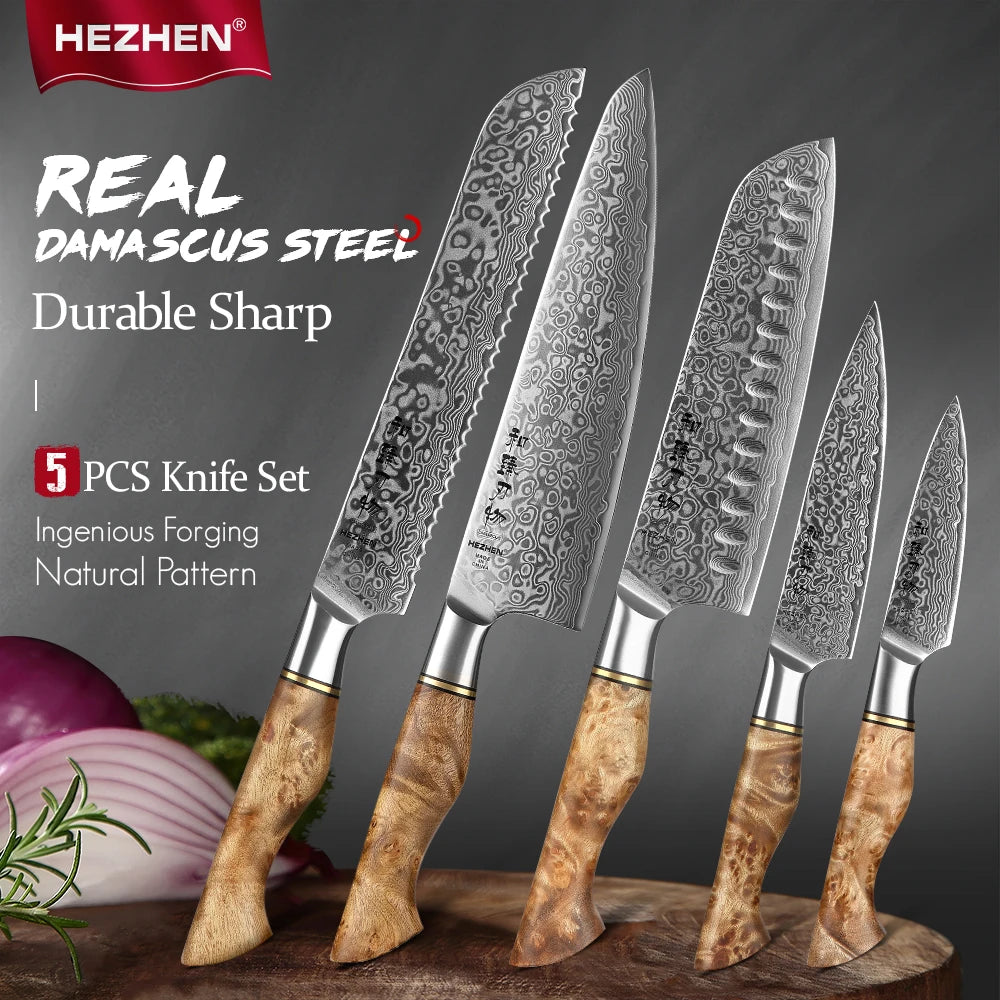 1-5PC Knife Set Professional Damascus Steel Chef Santoku Bread Utility Paring Cook Knife for Meat Sharp Kitchen Knife