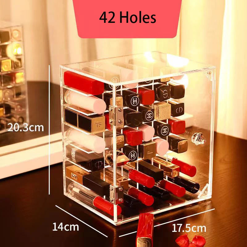 Deluxe Model 42/66 Holes Transparent Acrylic Lipstick Organizer Cosmetic Skincare Products Dustproof Display Shelf