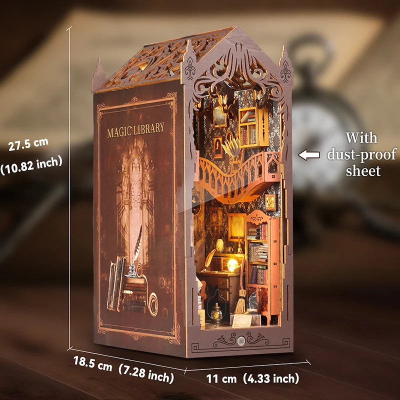 Bookshelf Set DIY Book Nook Kit 3D Wooden Doll House Puzzle Bookshelf Insert Decor with LED Light Dollhouse Model Birthday Gifts