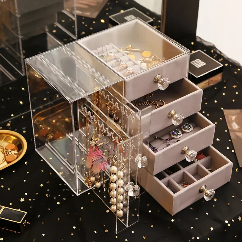 Multi-Layer Jewelry Stand Drawer Transparent Earring Box Storage Jewelry Box Vanity Dustproof Earring Organizer Cosmetic Bag