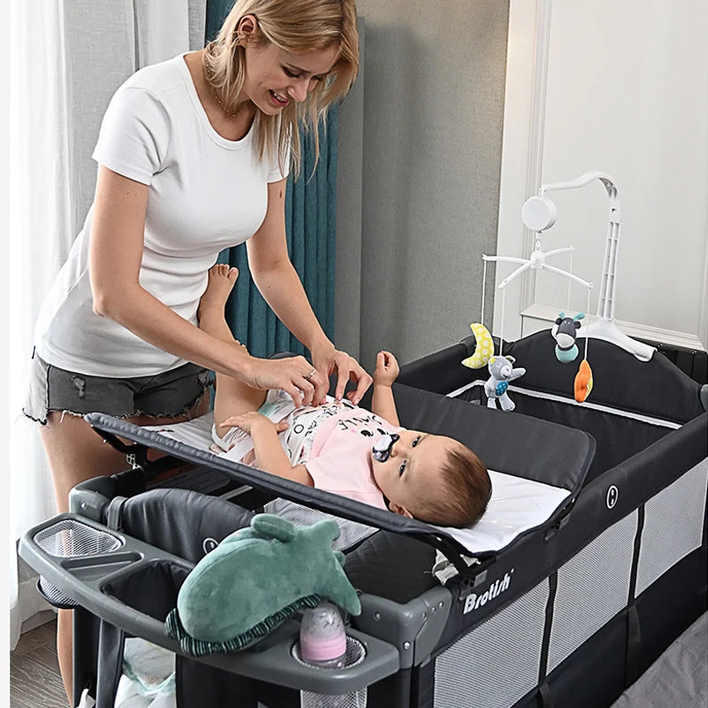 Multifunctional Portable Baby Crib Foldable Baby Cot with Diaper Table Cradle Rocker Kid Game Bed Bedroom Furniture for 0-6Years