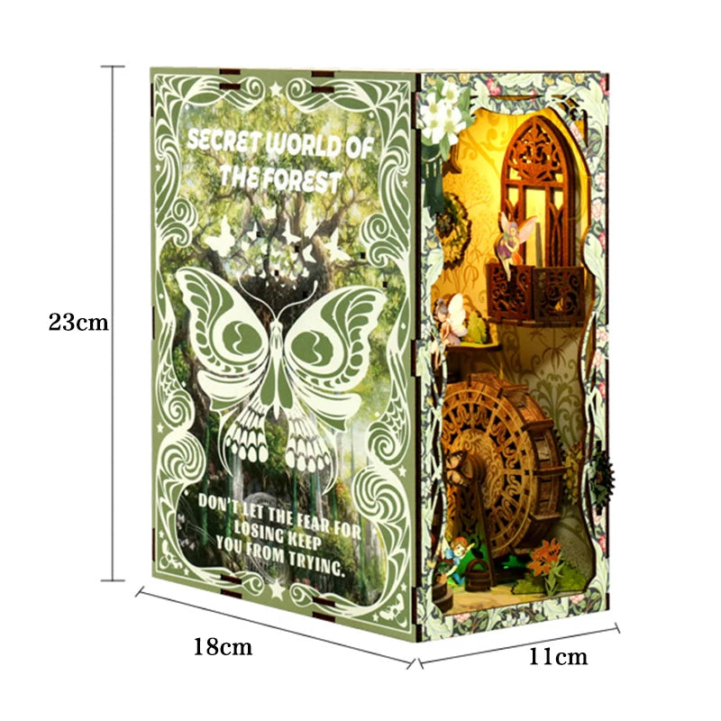 Bookshelf Set DIY Book Nook Kit 3D Wooden Doll House Puzzle Bookshelf Insert Decor with LED Light Dollhouse Model Birthday Gifts