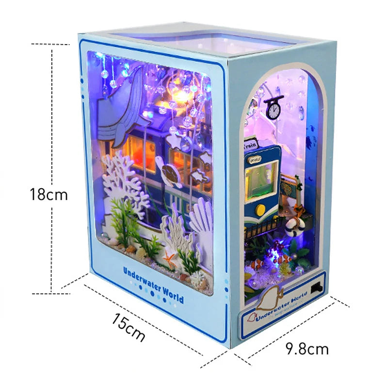 Bookshelf Set DIY Book Nook Kit 3D Wooden Doll House Puzzle Bookshelf Insert Decor with LED Light Dollhouse Model Birthday Gifts
