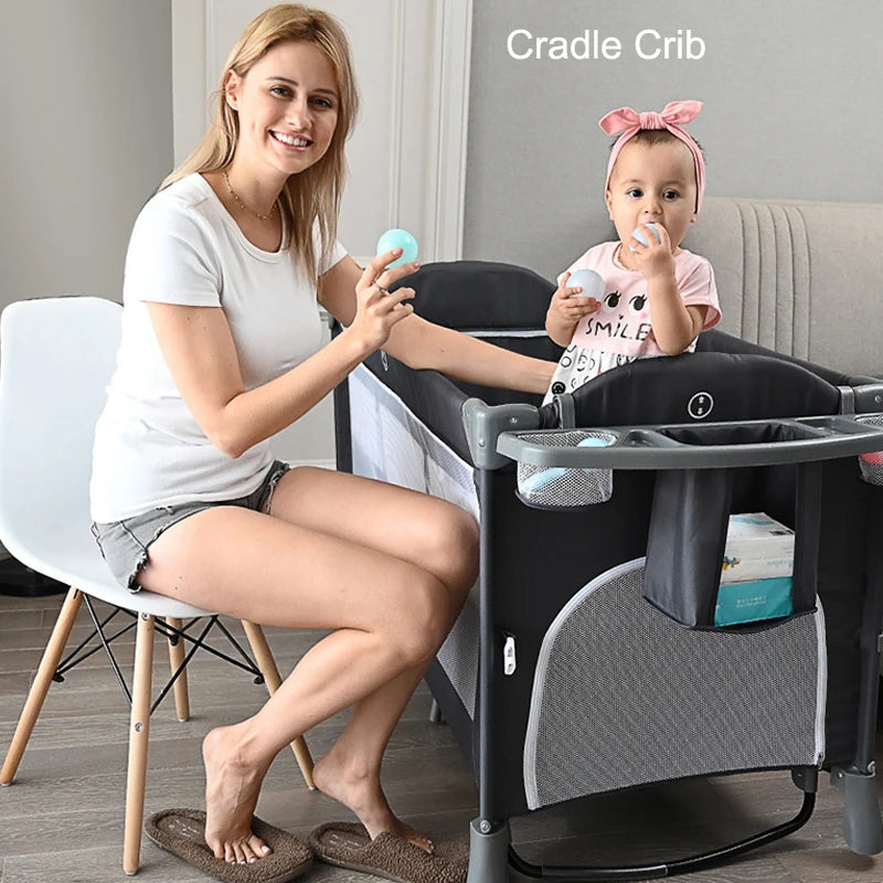 Multifunctional Portable Baby Crib Foldable Baby Cot with Diaper Table Cradle Rocker Kid Game Bed Bedroom Furniture for 0-6Years