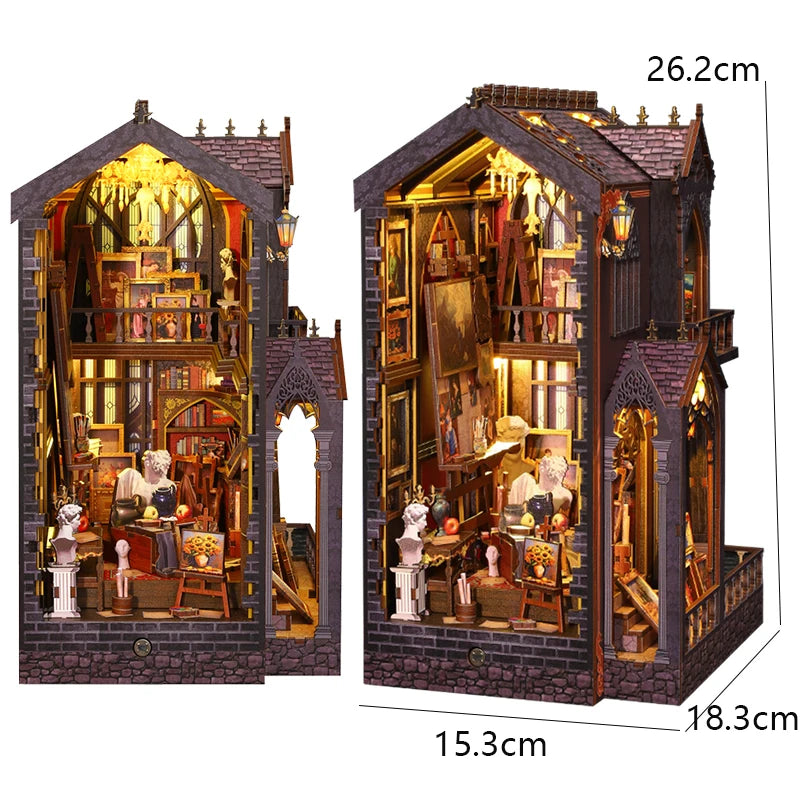 Bookshelf Set DIY Book Nook Kit 3D Wooden Doll House Puzzle Bookshelf Insert Decor with LED Light Dollhouse Model Birthday Gifts
